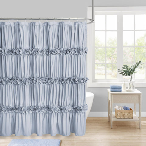 Homechoice Decor Fog Blue Ruffle Shower Curtain with ruched fabric adds romantic privacy.