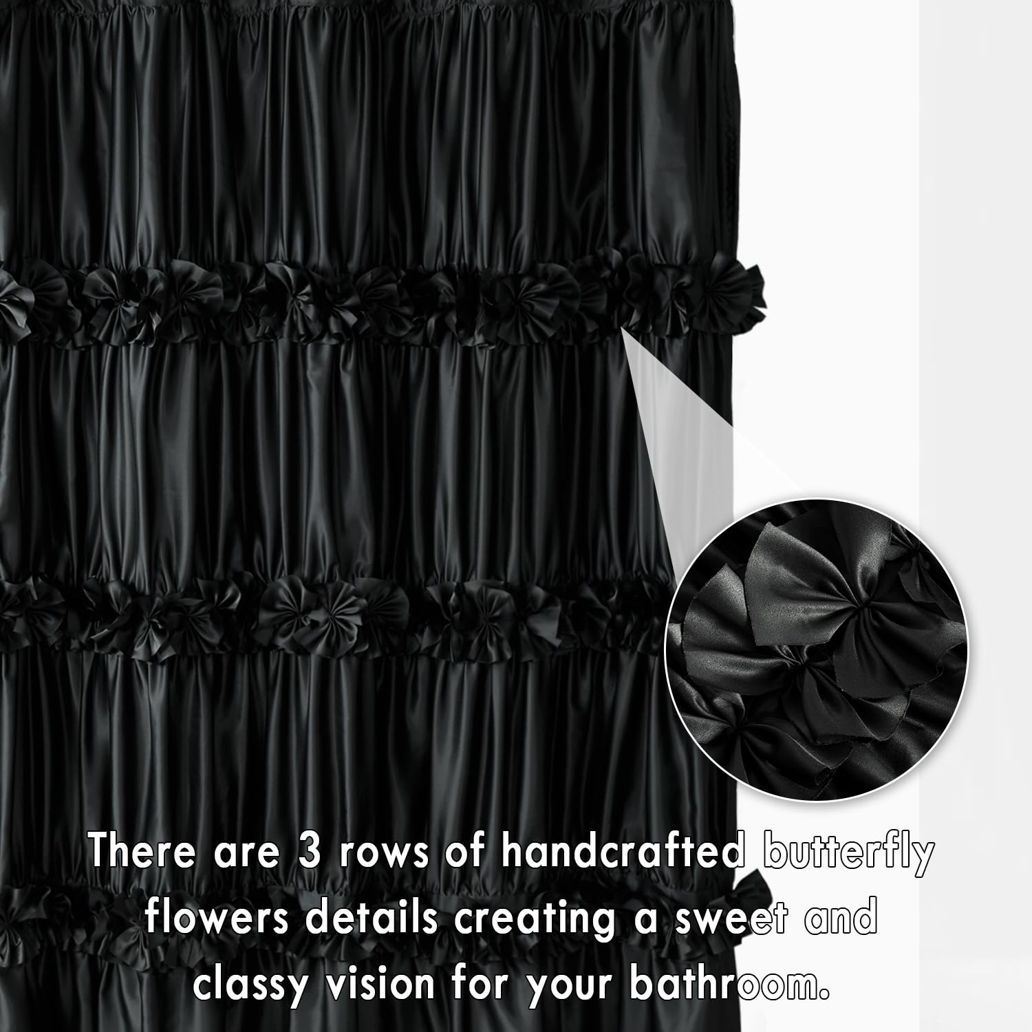 Homechoice Decor ruched satin bath curtain highlights vintage charm and easy care.