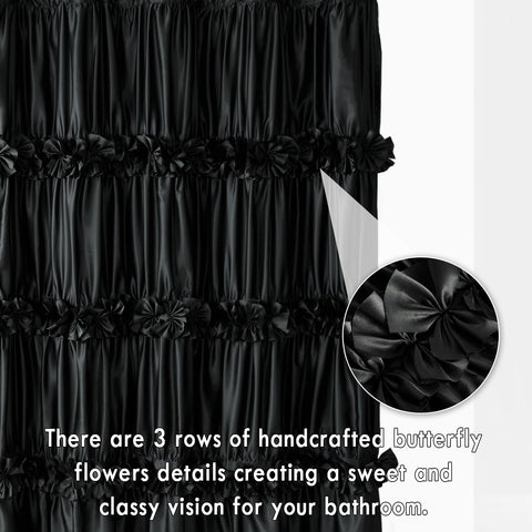 Homechoice Decor ruched satin bath curtain highlights vintage charm and easy care.