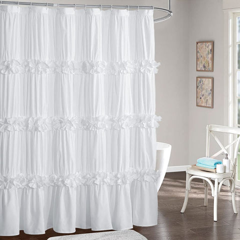 Homechoice Decor Victorian ruffle curtain with ruched texture adds romantic farmhouse charm.