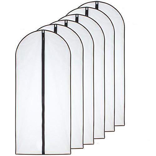 HomeClean six-pack hanging garment bags protect long dresses visibly in a closet