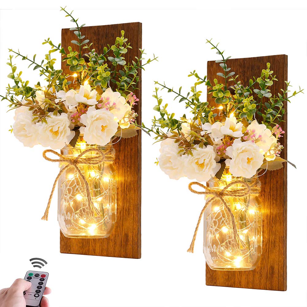 Homecor rustic mason jar sconce with LED string lights for cozy evenings.