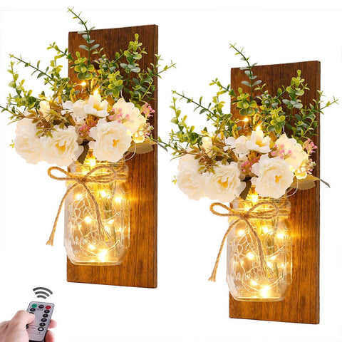 Homecor rustic mason jar sconce with LED string lights for cozy evenings.