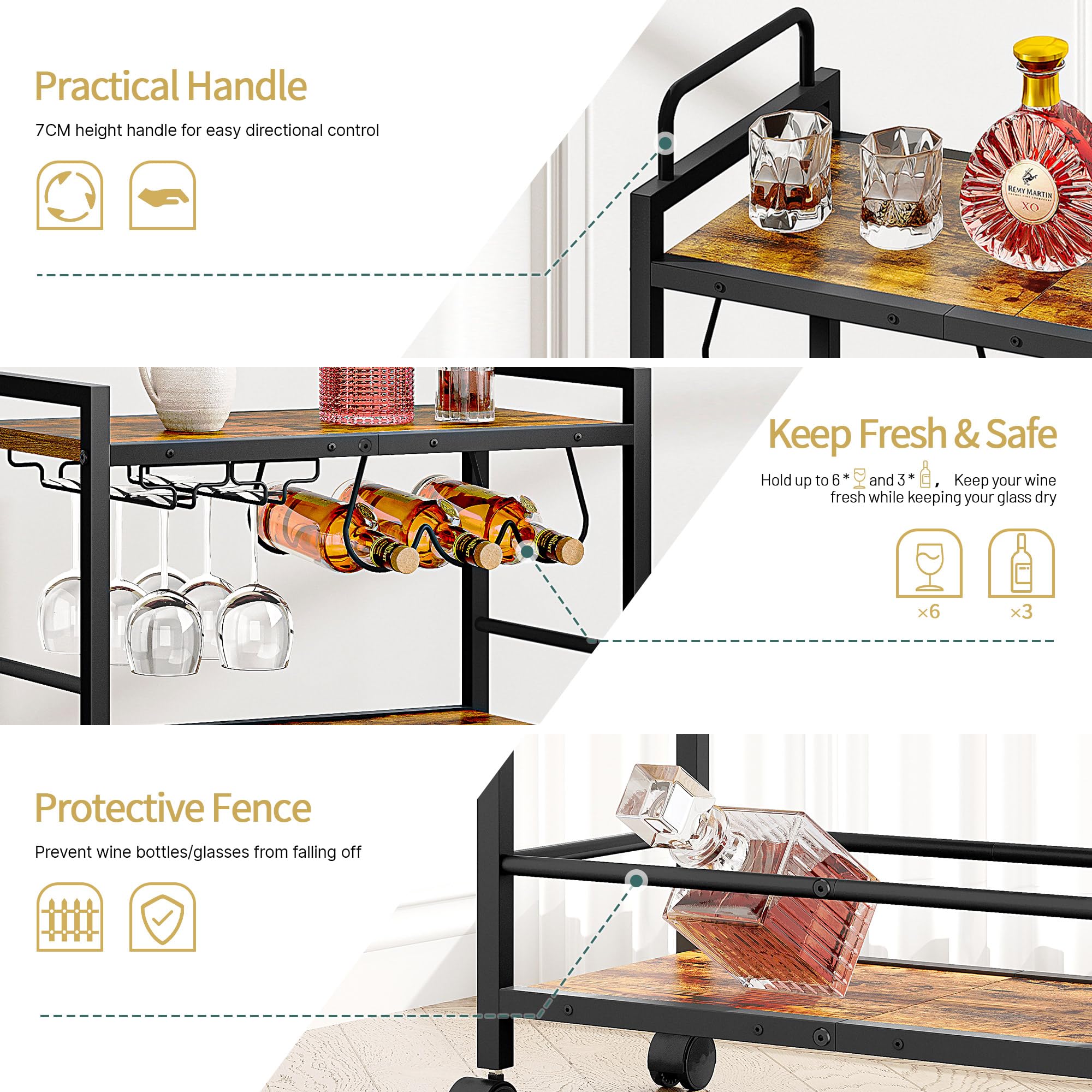 Homedawn bar cart with wine rack and glass holders neatly organized.