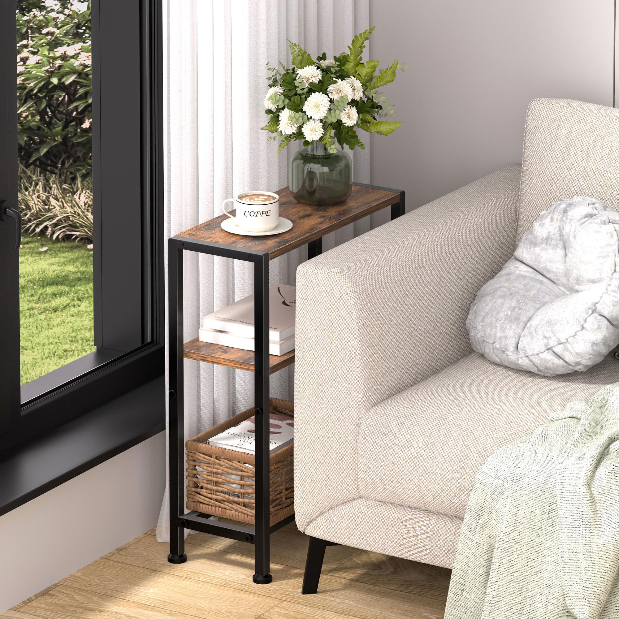 Homedawn narrow side table adjustable feet keep stability on uneven floors.