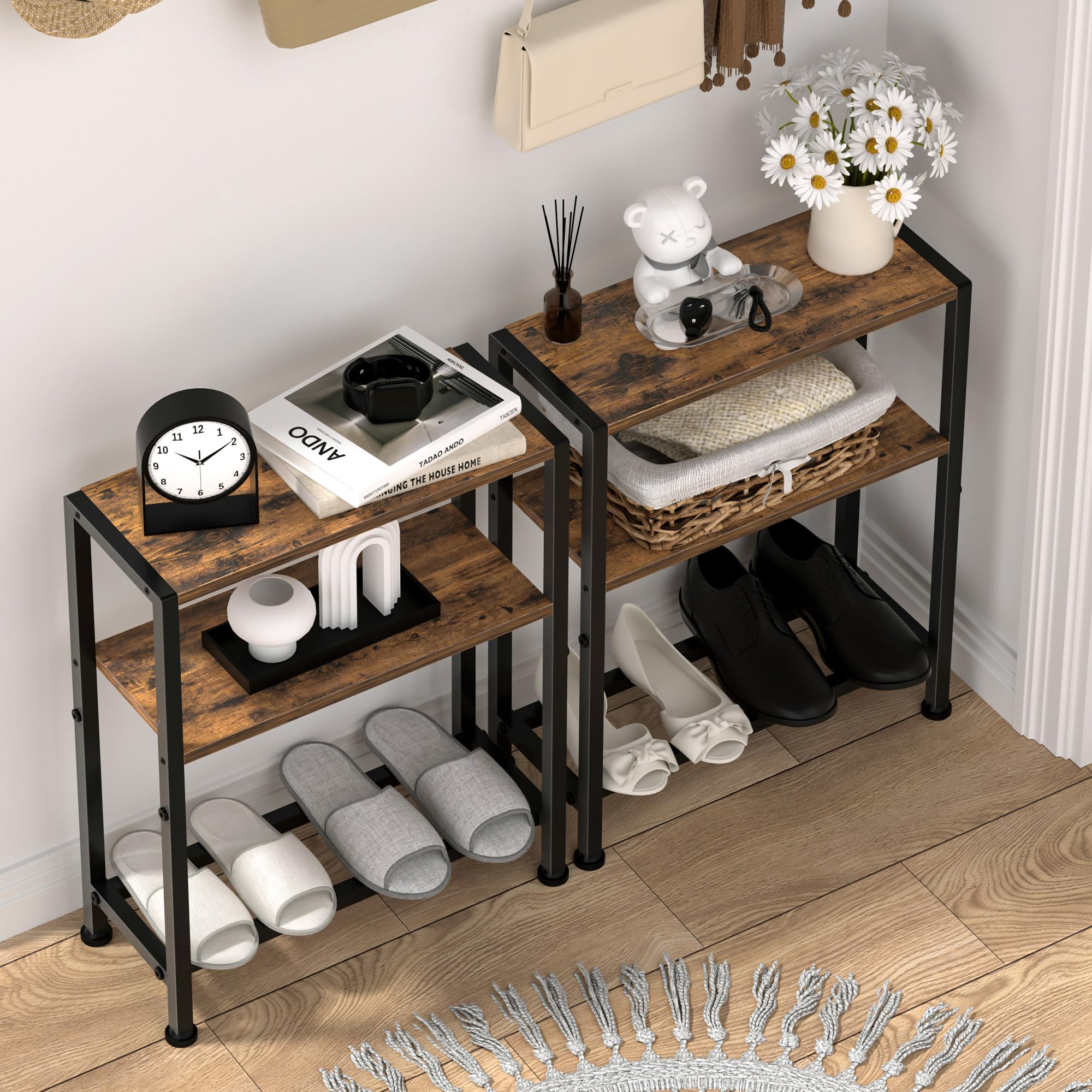 Homedawn narrow side table rustic brown and black finish adds warm style.
