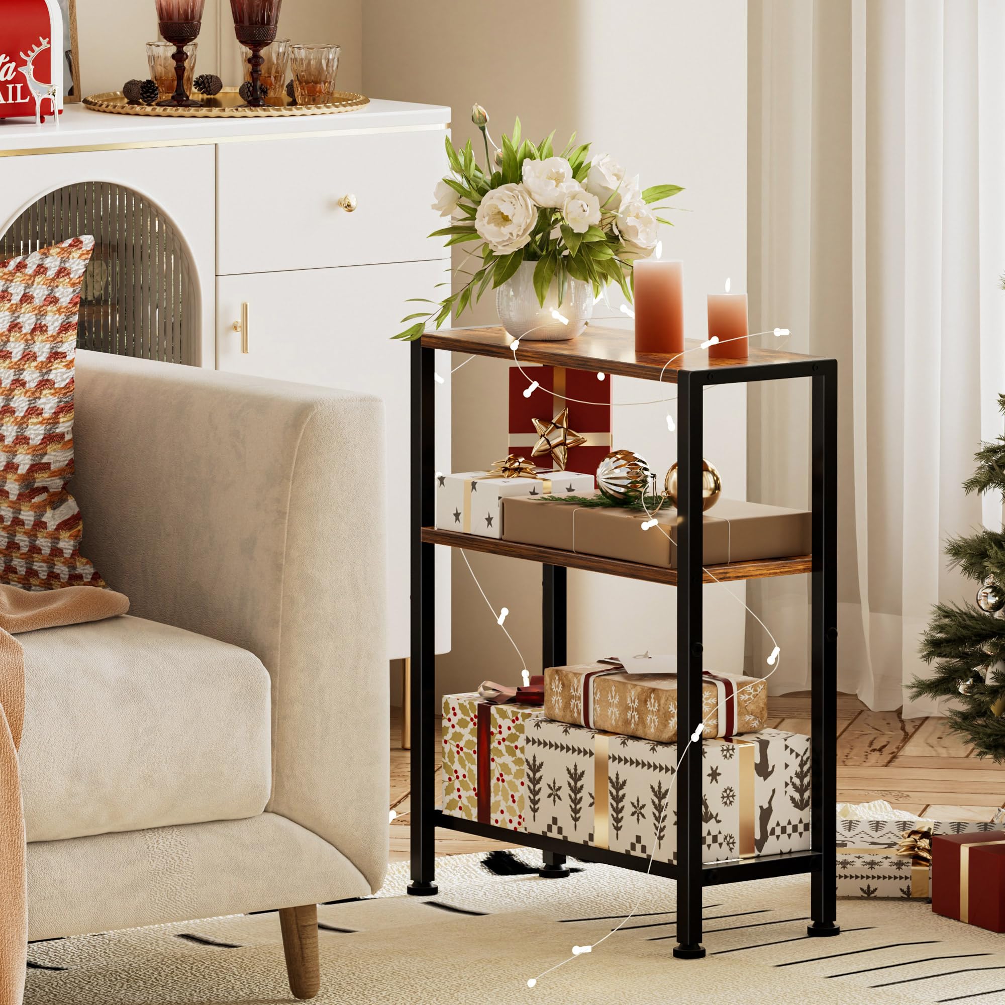 Homedawn narrow side table double shelf shows storage options for remote controls and books.
