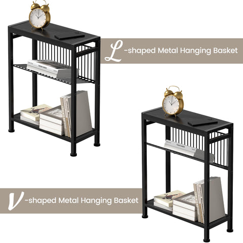 Homedawn narrow side table with built-in magazine holder beside sofa for organized reading.