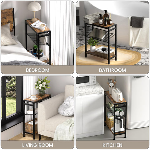 Homedawn small side table highlights three-tier shelves for extra storage.