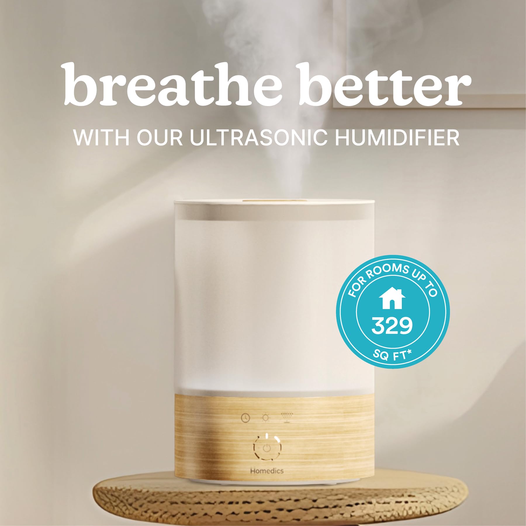 Homedics humidifier with 360-degree mist nozzle dispersing moisture evenly
