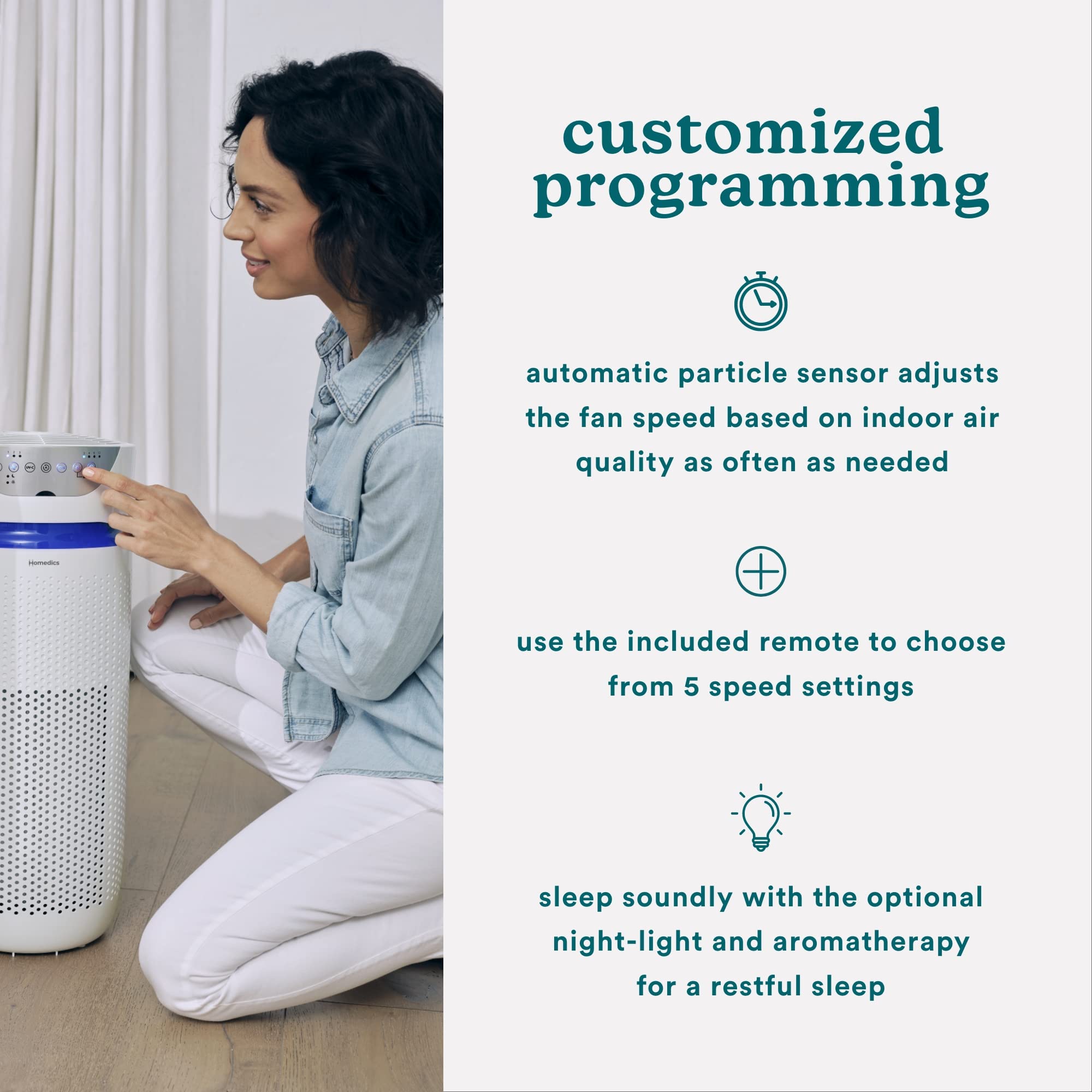 Homedics 360-degree design provides comprehensive airflow in large rooms.