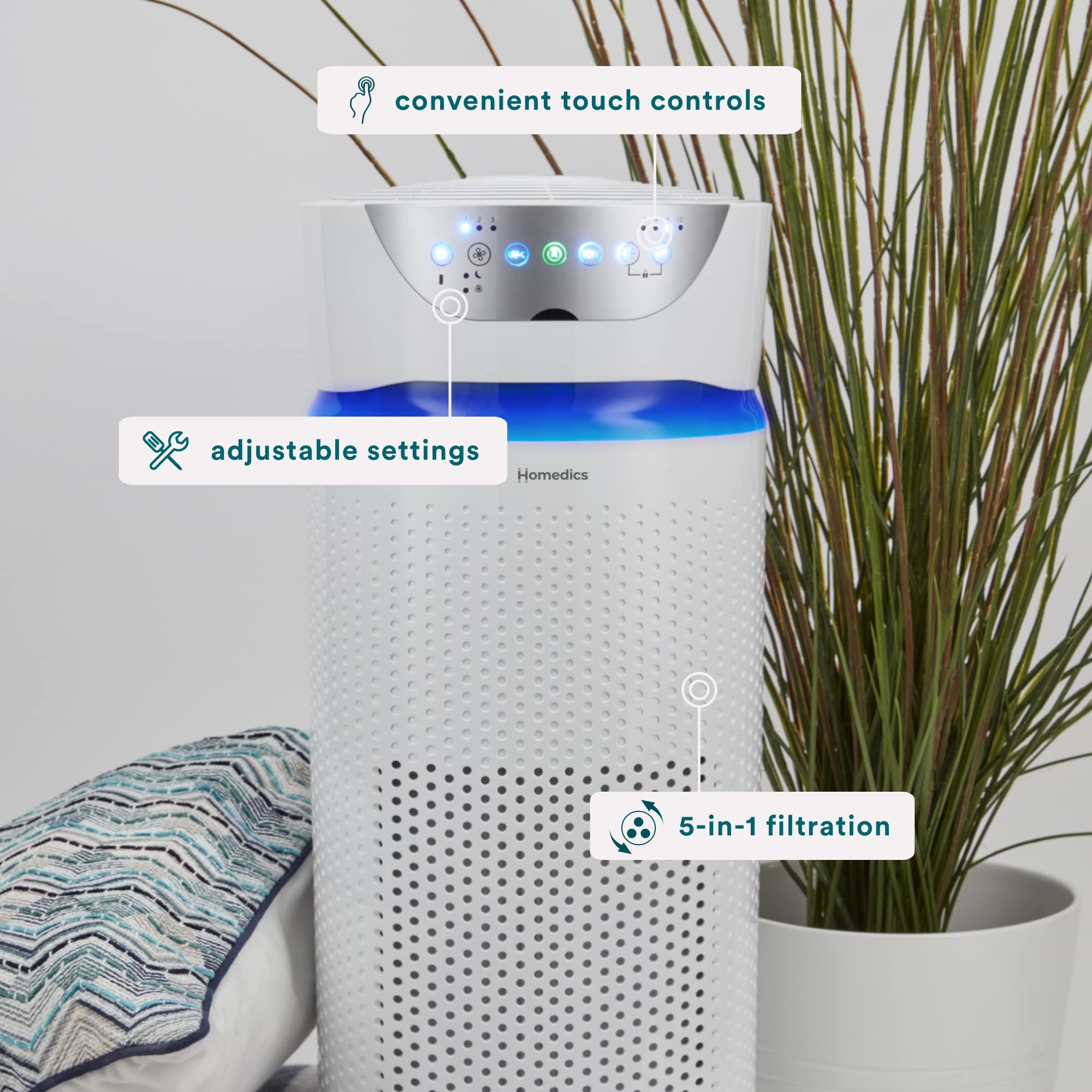 Homedics UV-C purifier night light mode for a calming bedroom ambiance.