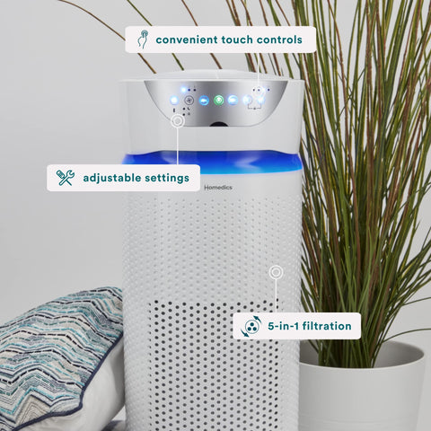Homedics UV-C purifier night light mode for a calming bedroom ambiance.