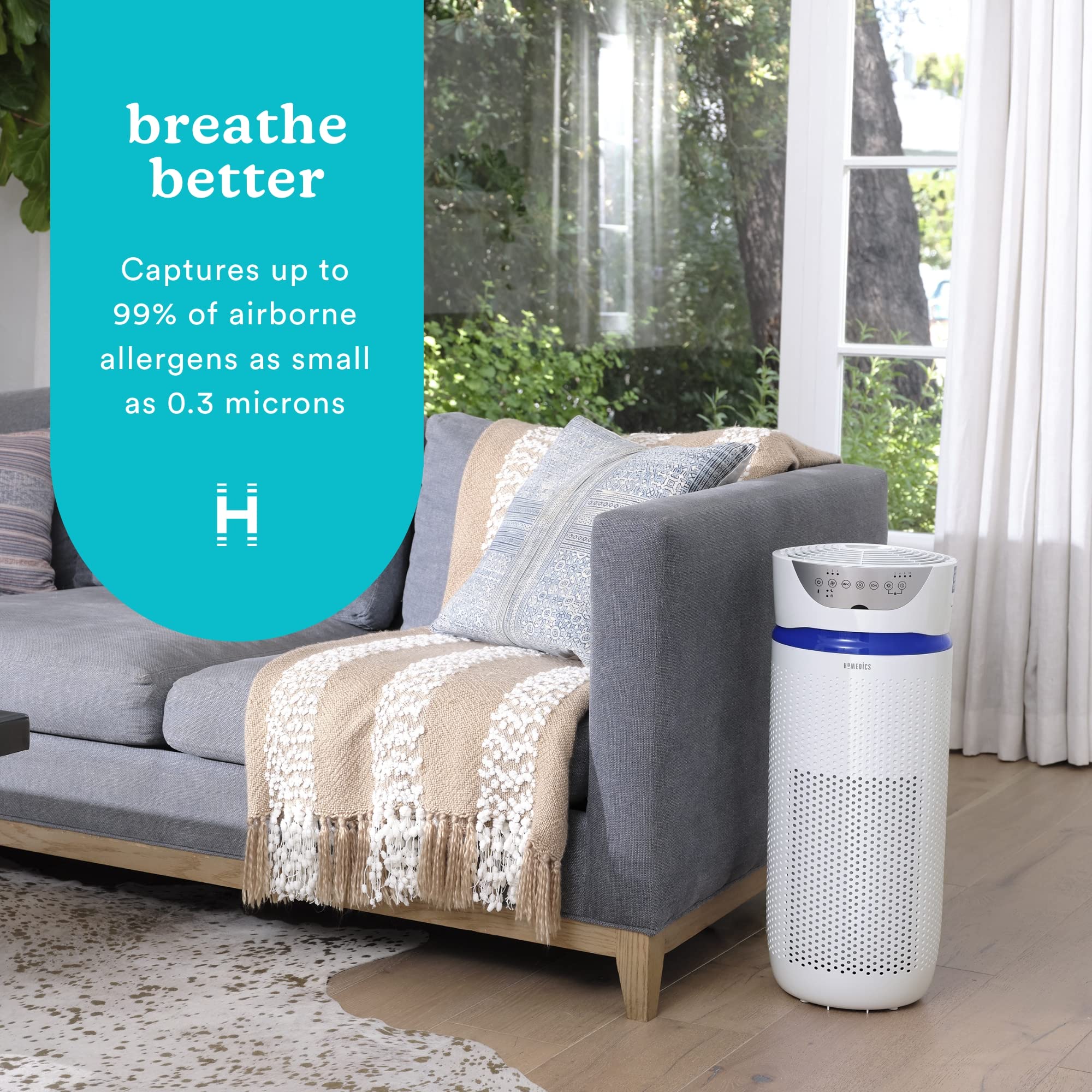 Homedics 5-in-1 UV-C air purifier remote control for convenient adjustments.