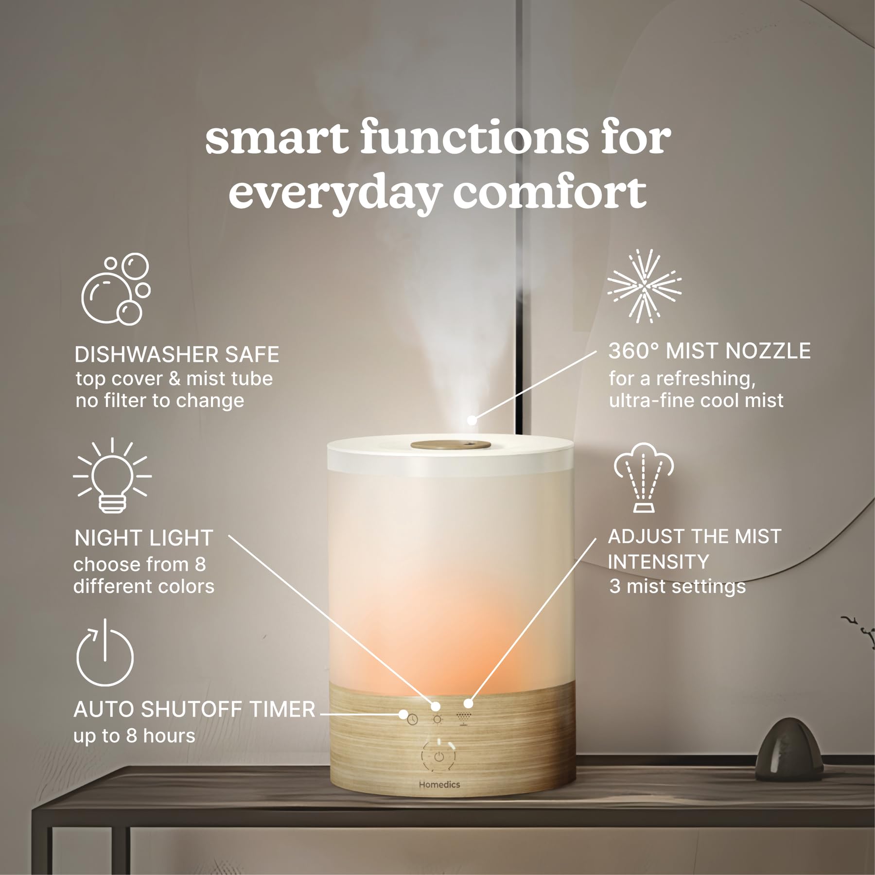 Homedics humidifier featuring 8-color night light for ambiance