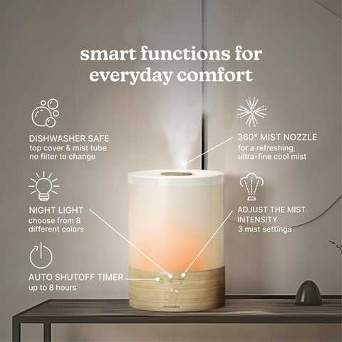Homedics humidifier featuring 8-color night light for ambiance