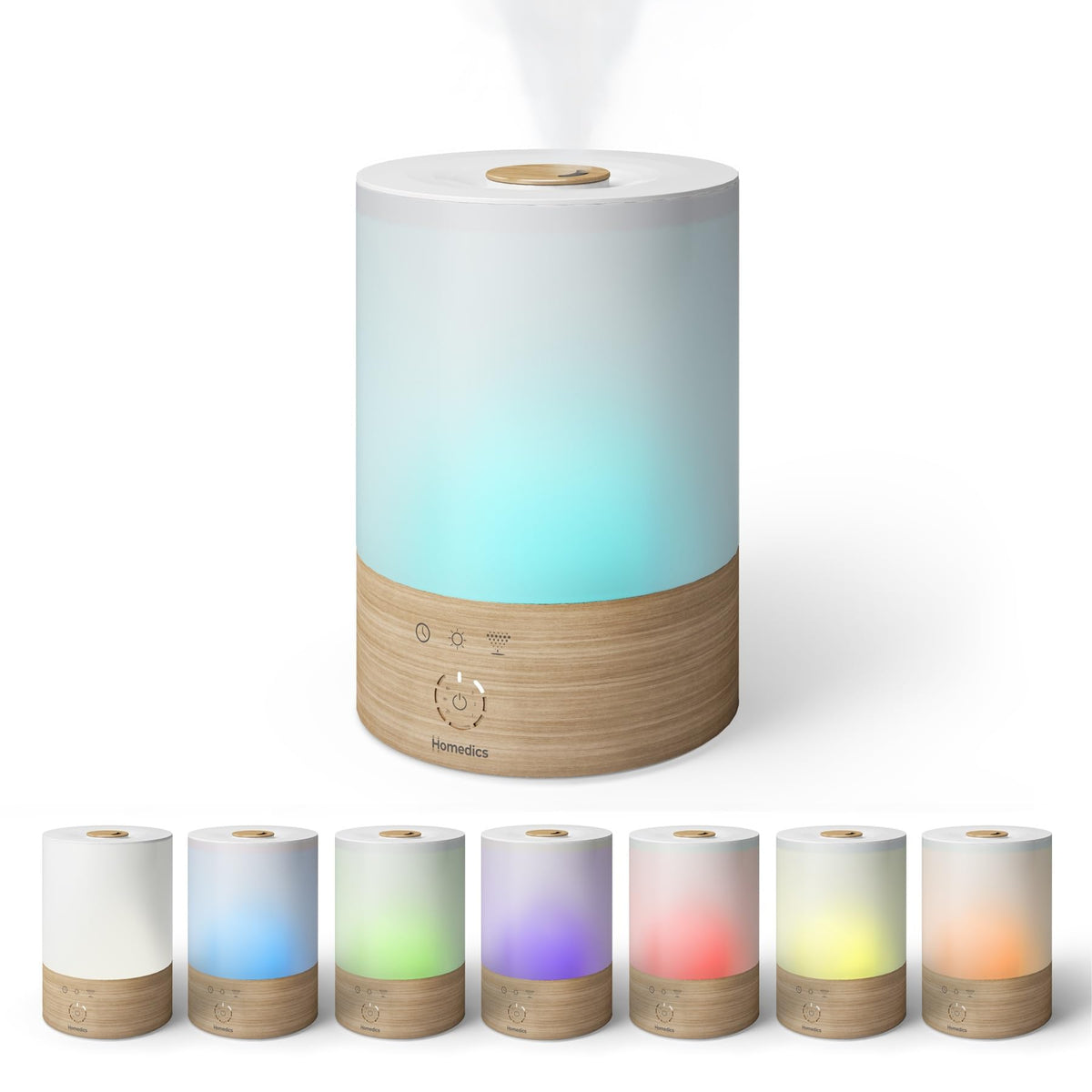 Homedics humidifier emitting visible mist to show active humidification in a bedroom