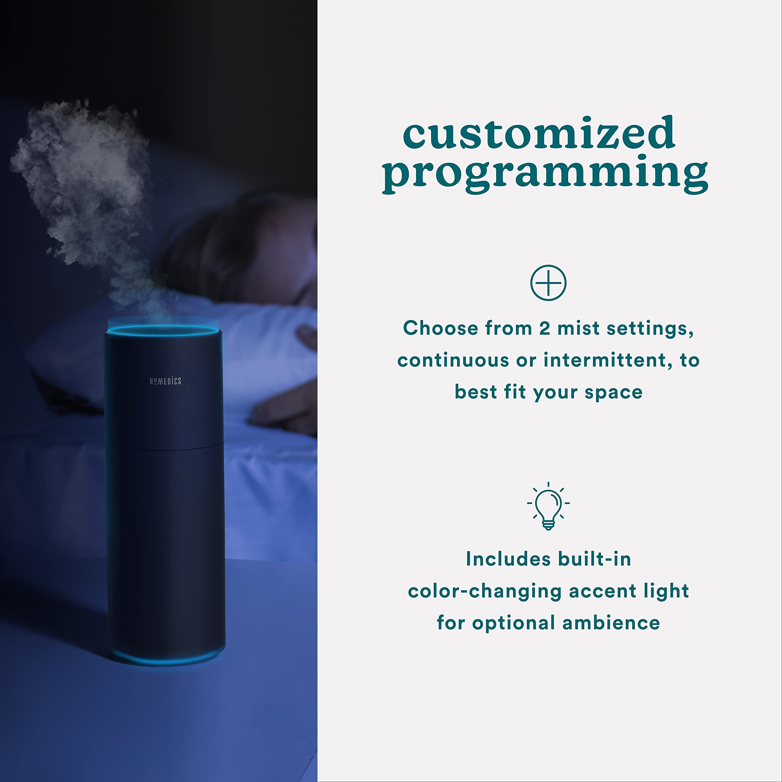 Homedics color changing light feature in dim mode for ambience