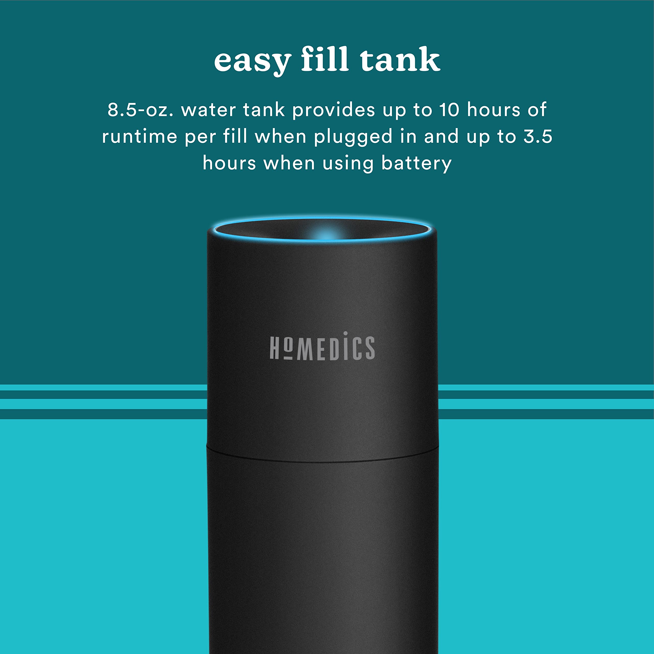 Homedics compact design side view highlighting portable travel friendly humidifier