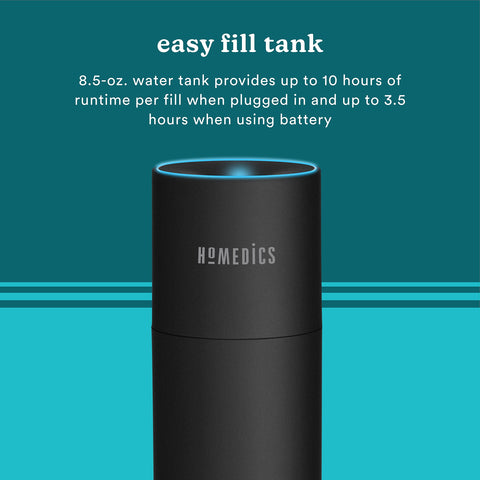 Homedics compact design side view highlighting portable travel friendly humidifier
