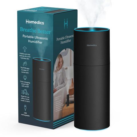 Homedics portable humidifier front view for small rooms delivering cool mist