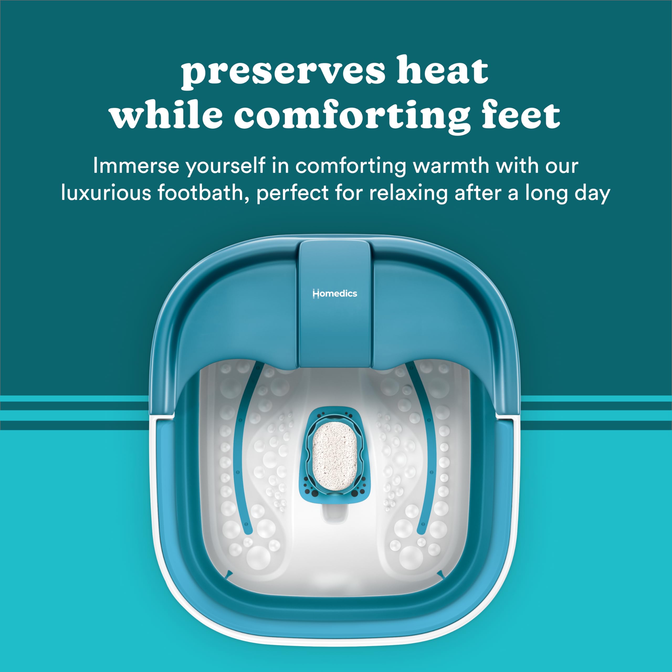 Homedics Smart Space Bubble Mate Foot Spa built-in splash guard prevents spills.