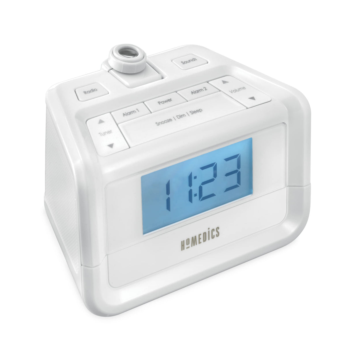 HoMedics SoundSpa front view showing compact clock radio design and controls