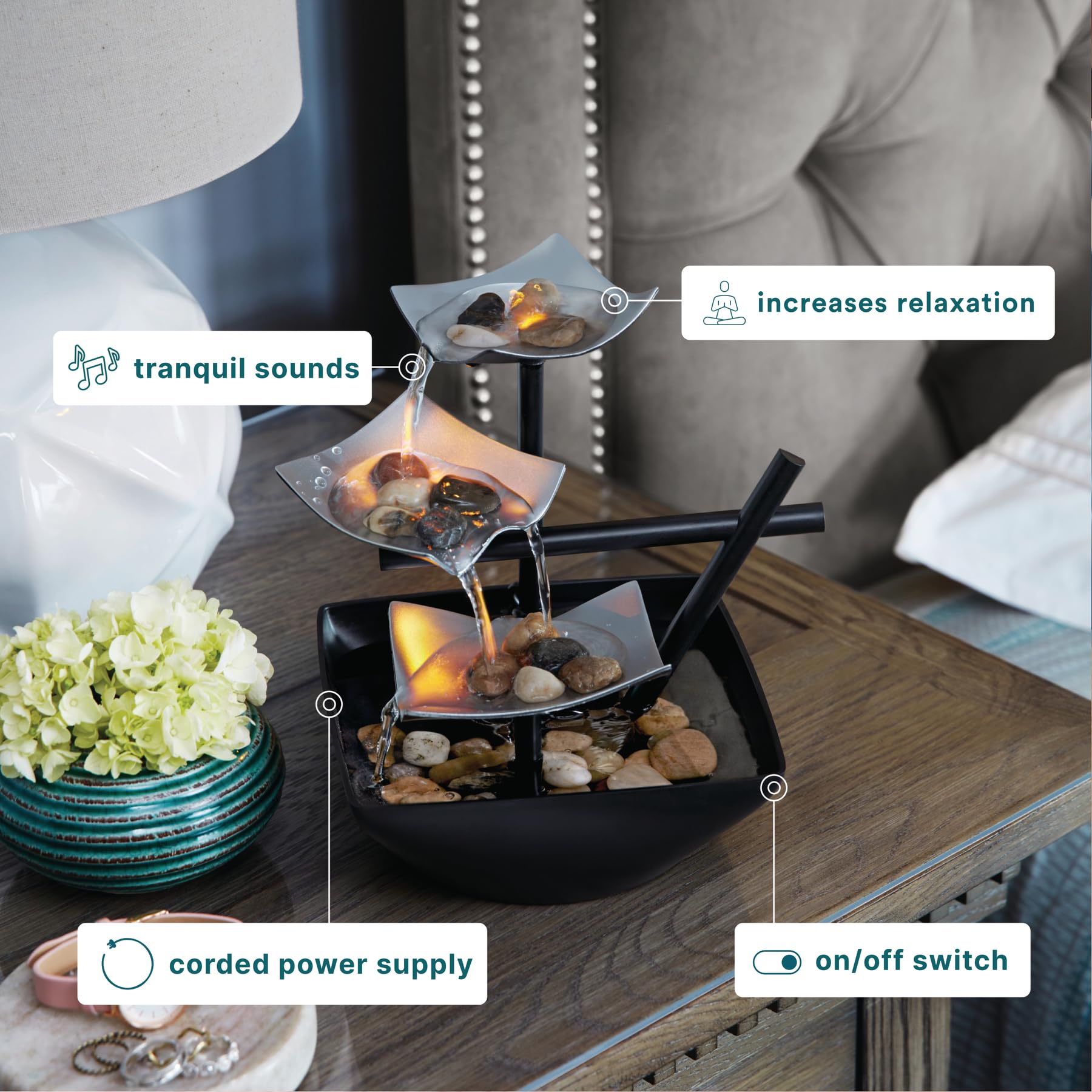 Homedics Tabletop Water Fountain – natural river rocks accent the three-tier design