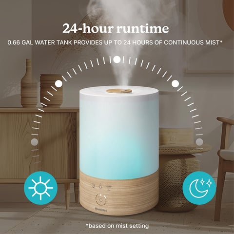 Three mist settings on Homedics humidifier for flexible humidity