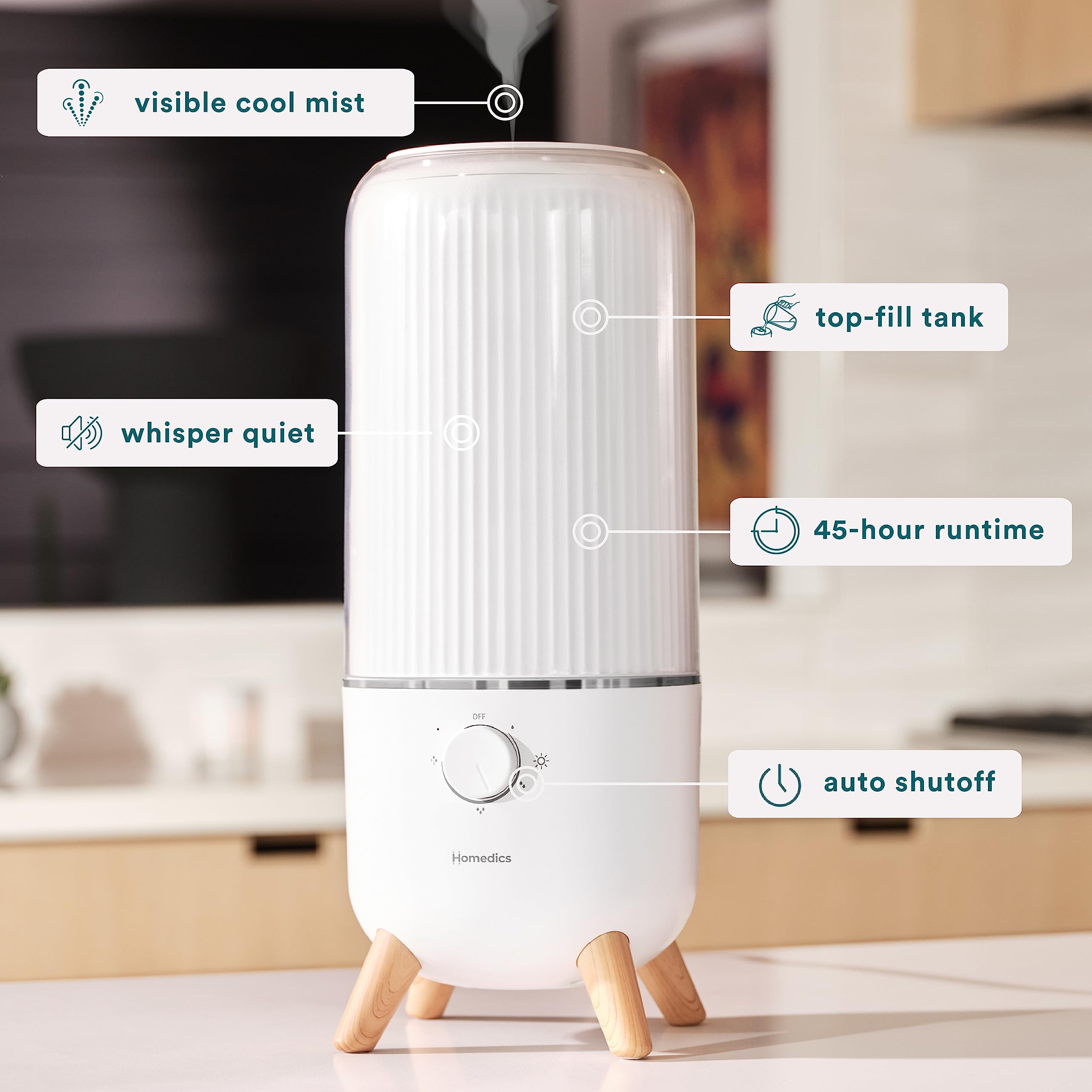Homedics Ultrasonic Humidifier 360-degree nozzle ensures even mist distribution.