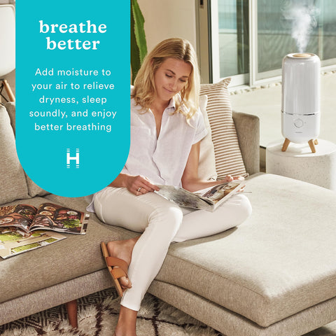 Homedics Ultrasonic Humidifier top-fill tank design simplifies refilling with minimal disruption.
