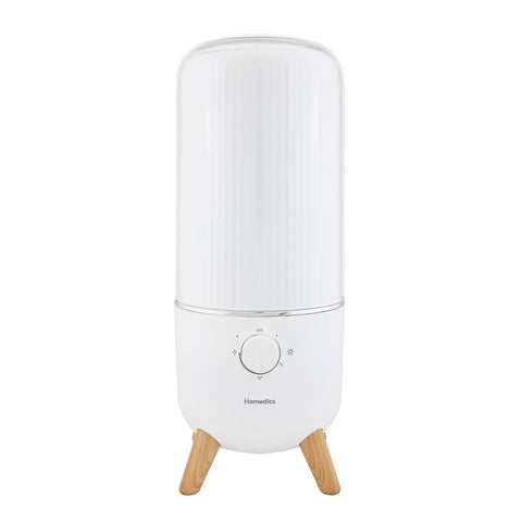 Homedics Ultrasonic Humidifier emits a visible cool mist for even moisture in spaces up to 400 sq ft.