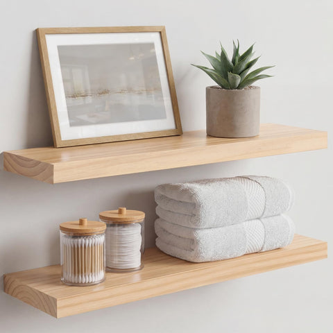 Homeforia 24-inch natural floating shelf side view shows solid wood grain and sturdy build.