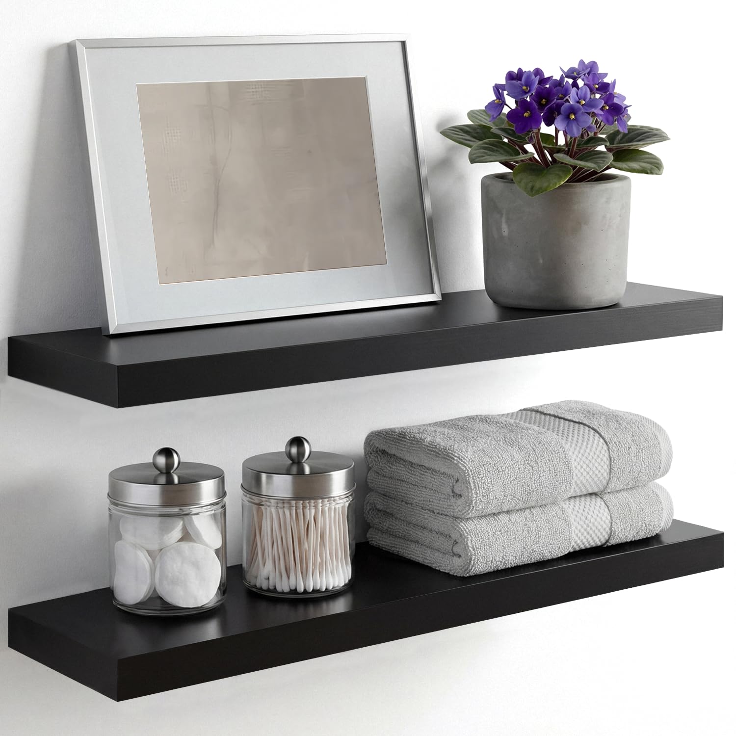 Homeforia 24in black floating shelf front view highlights real wood grain for stylish display.