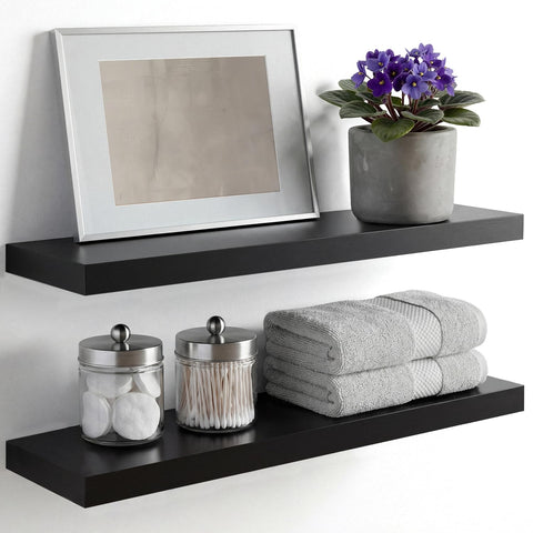 Homeforia 24in black floating shelf front view highlights real wood grain for stylish display.