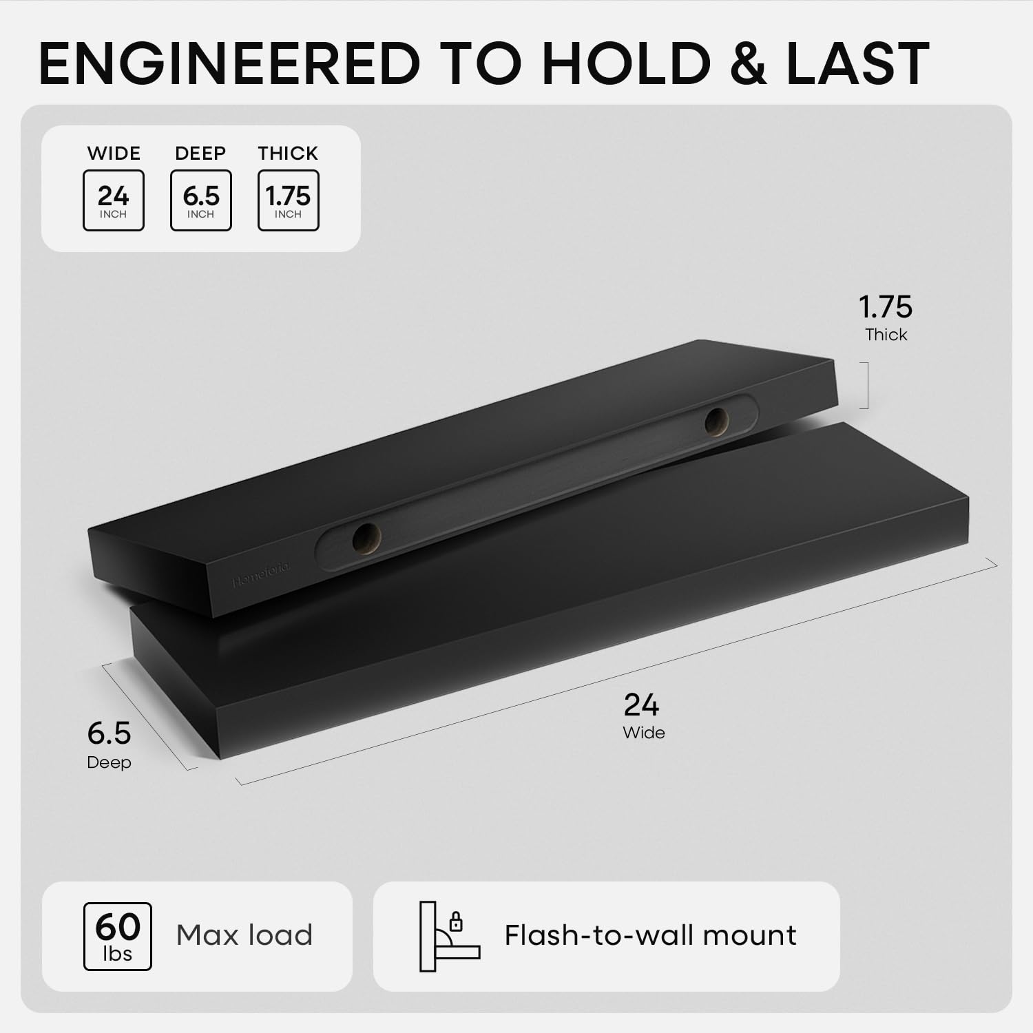 Homeforia 24in mounting bracket glimpse demonstrates strong support without sag.
