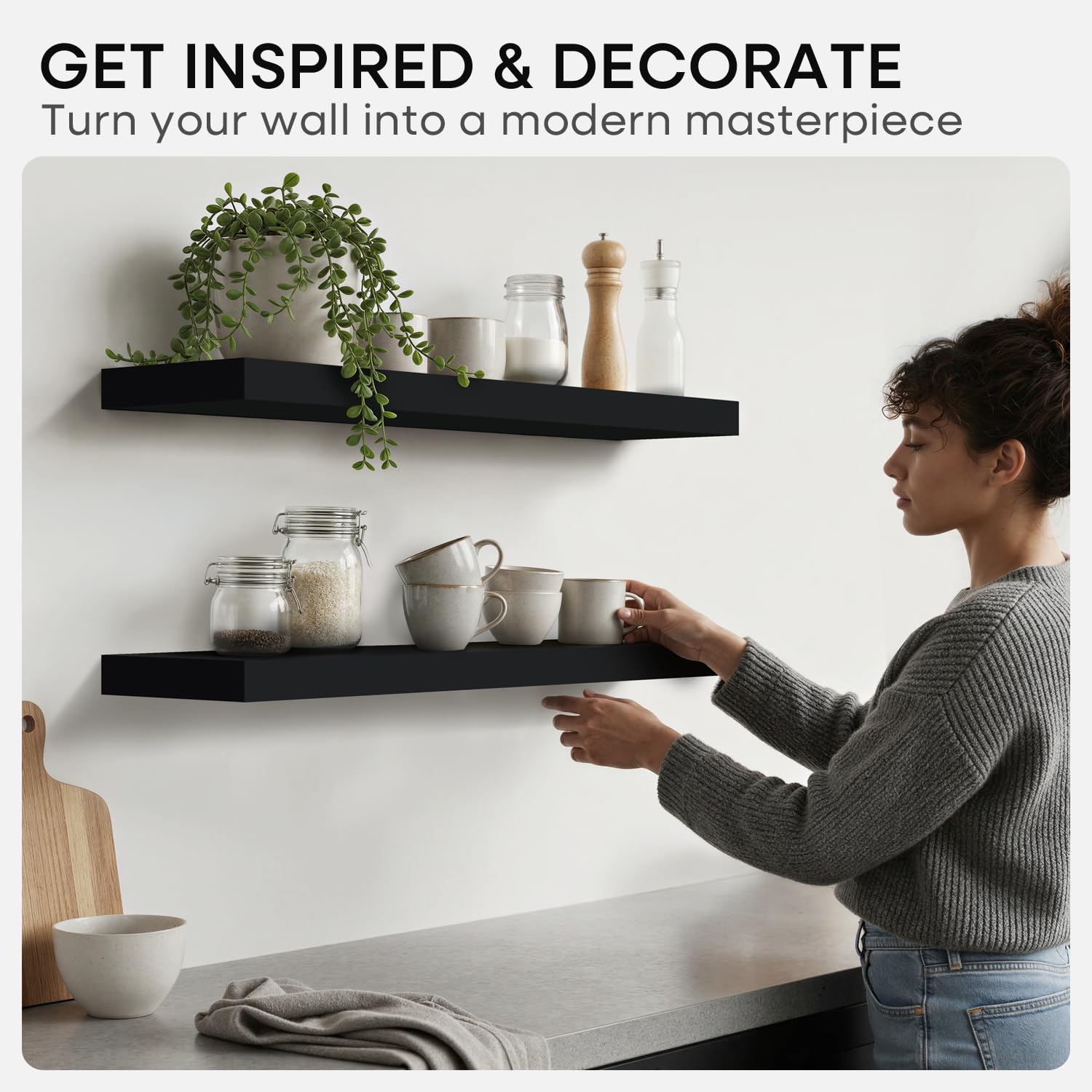 Homeforia black floating shelves 24in packaged with easy-install hardware for quick setup.