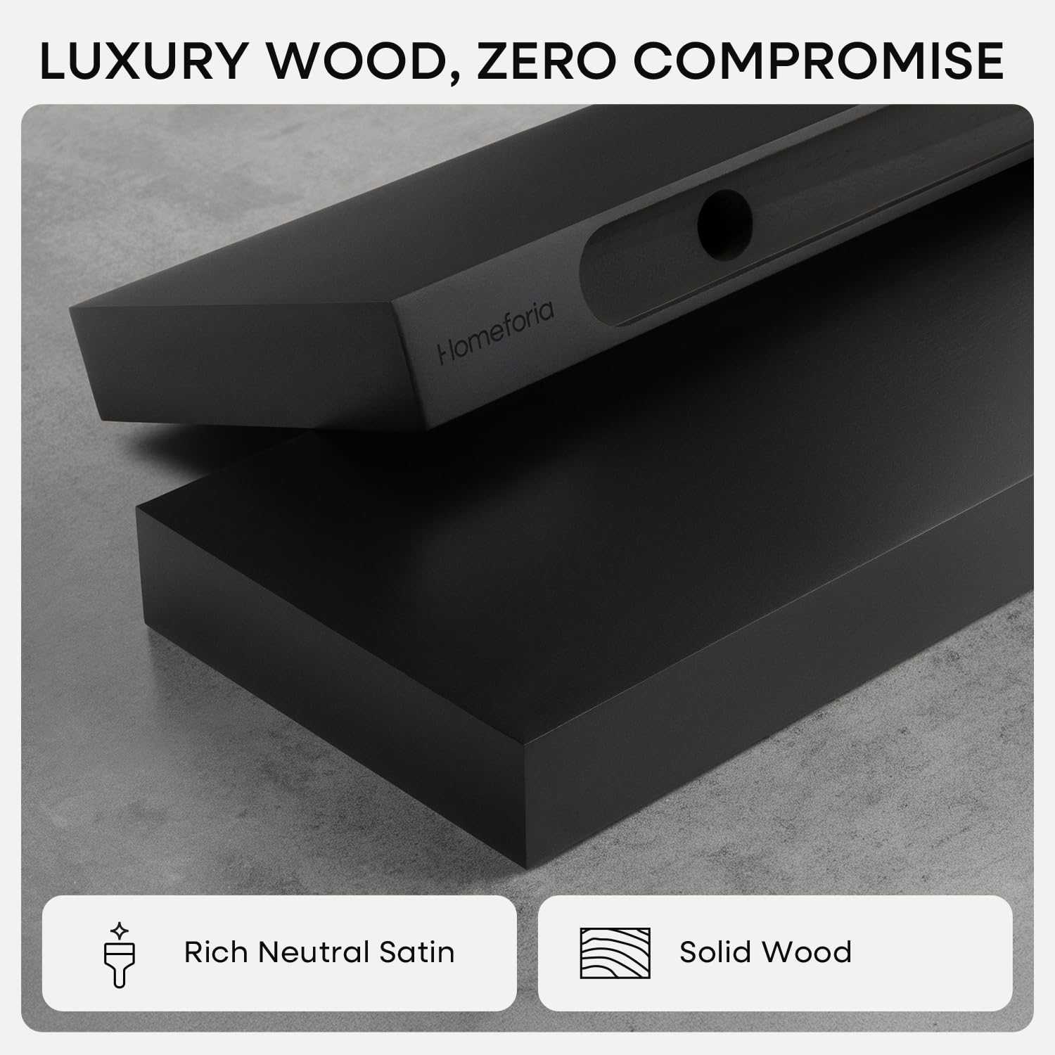 Homeforia 24in black floating shelf real wood grain brings natural warmth to modern spaces.