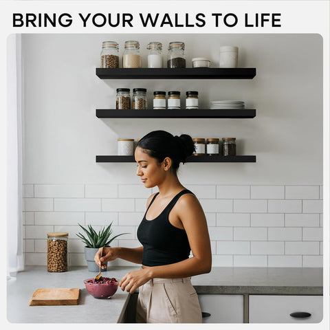 Homeforia 24in black floating shelf side profile shows hidden bracket and flush-to-wall fit.