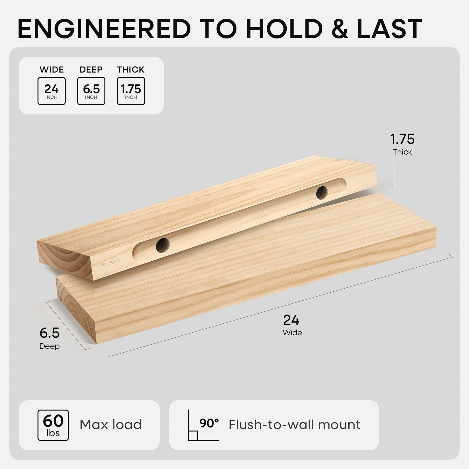 Homeforia packaging and instruction set for quick, easy installation of shelves.