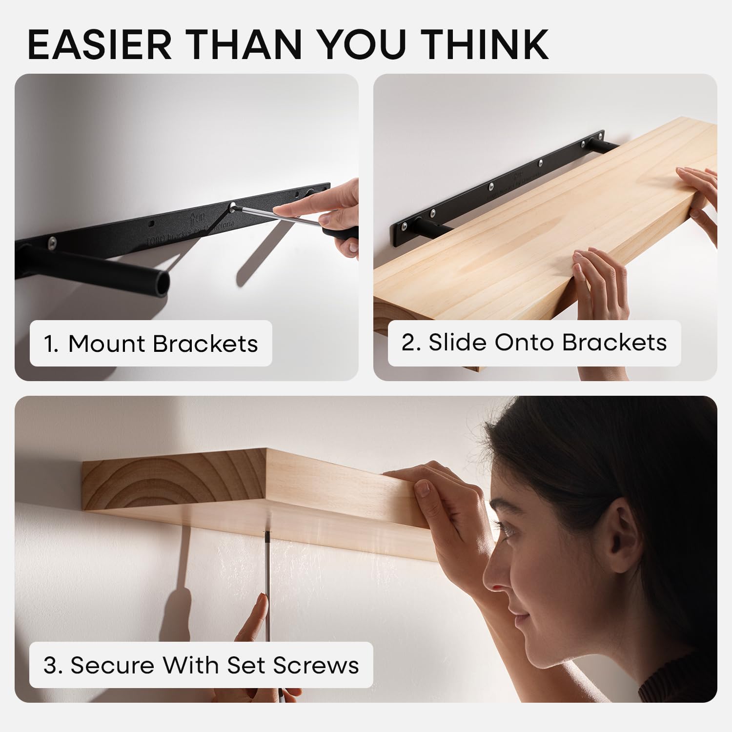 Homeforia heavy-duty bracket detail shows sturdy support and flush mounting.