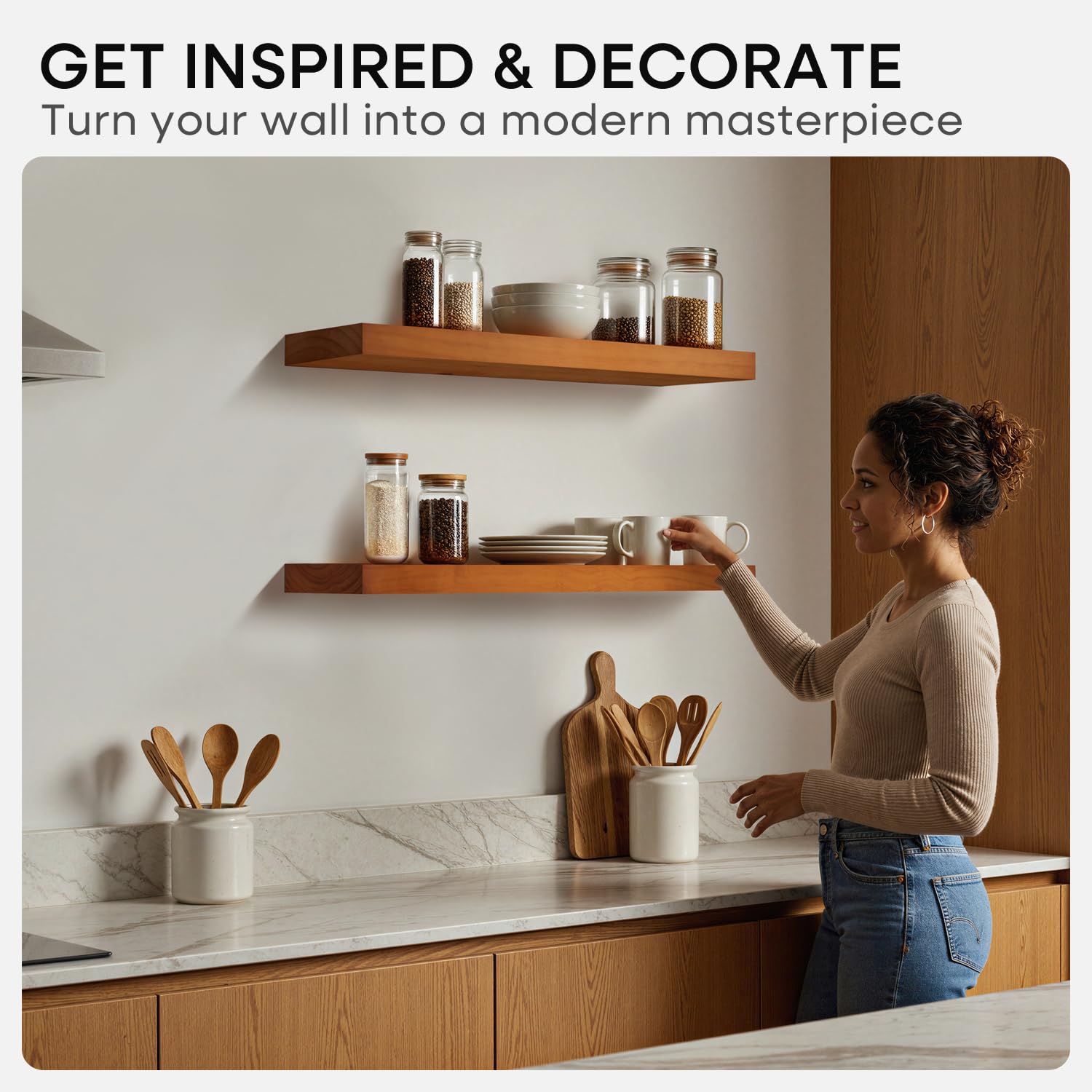 Homeforia living room display with two oak floating shelves