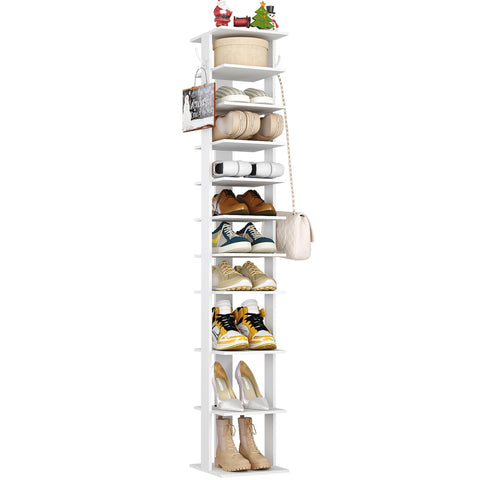 HOMEFORT 10-tier vertical shoe rack shown in a tidy corner for streamlined entryway storage.