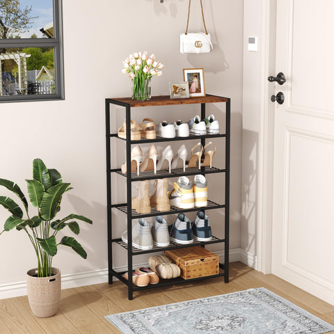 HOMEFORT industrial shoe organizer with tabletop provides space for mail and purse.