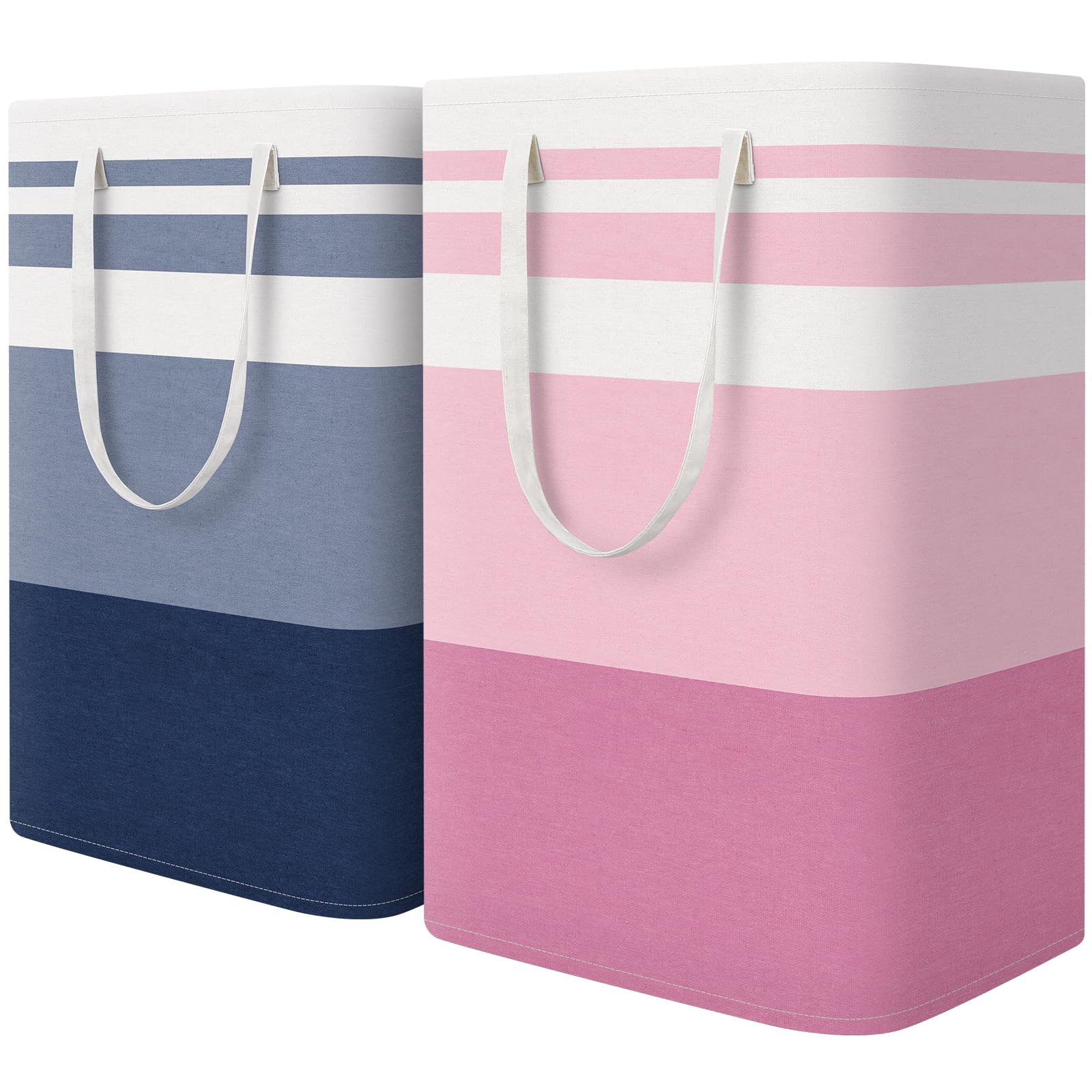 HomeHacks blue and pink 2-pack laundry baskets, front view, ideal for quick sorting.