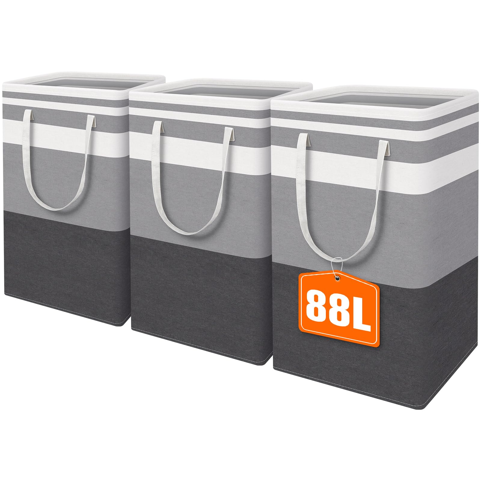 HomeHacks three-pack large laundry basket with freestanding frame keeps clothes upright and organized.