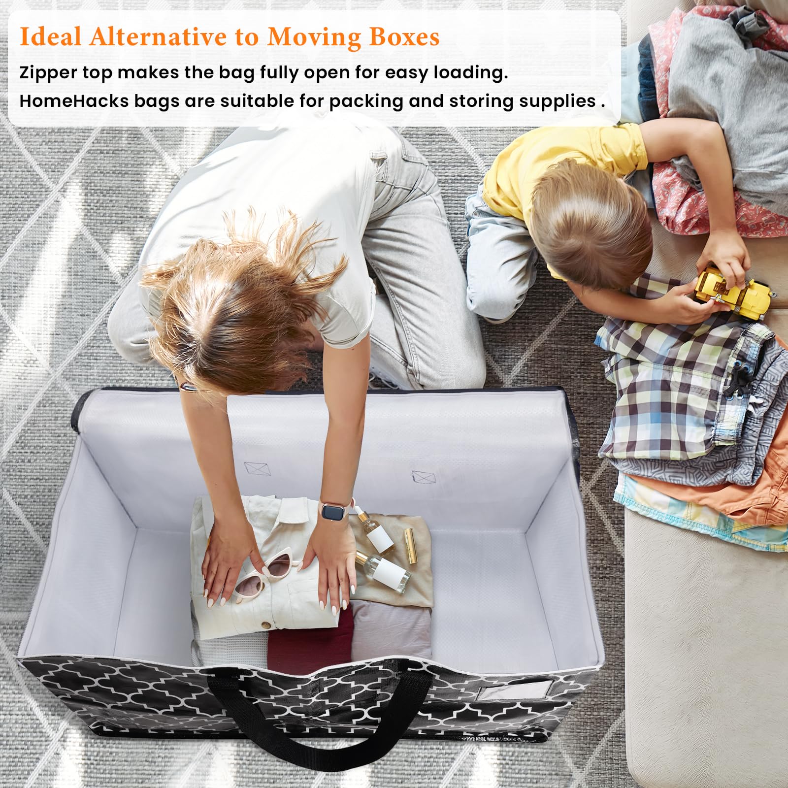 Reinforced, padded handles from HomeHacks ease carrying heavy loads.