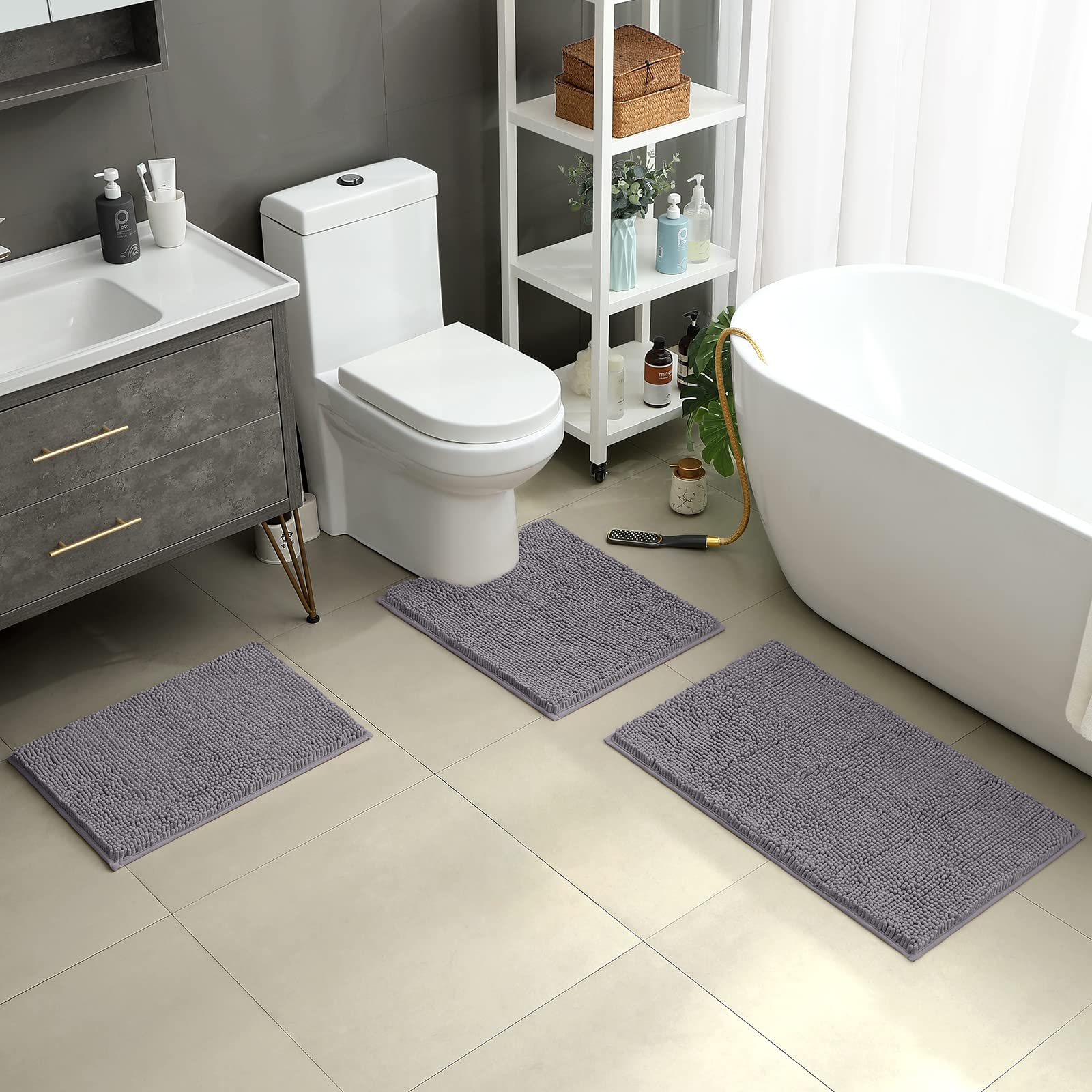 HOMEIDEAS 3-piece bathroom rugs U-shape contoured rug 20x24 offers secure grip on tile.
