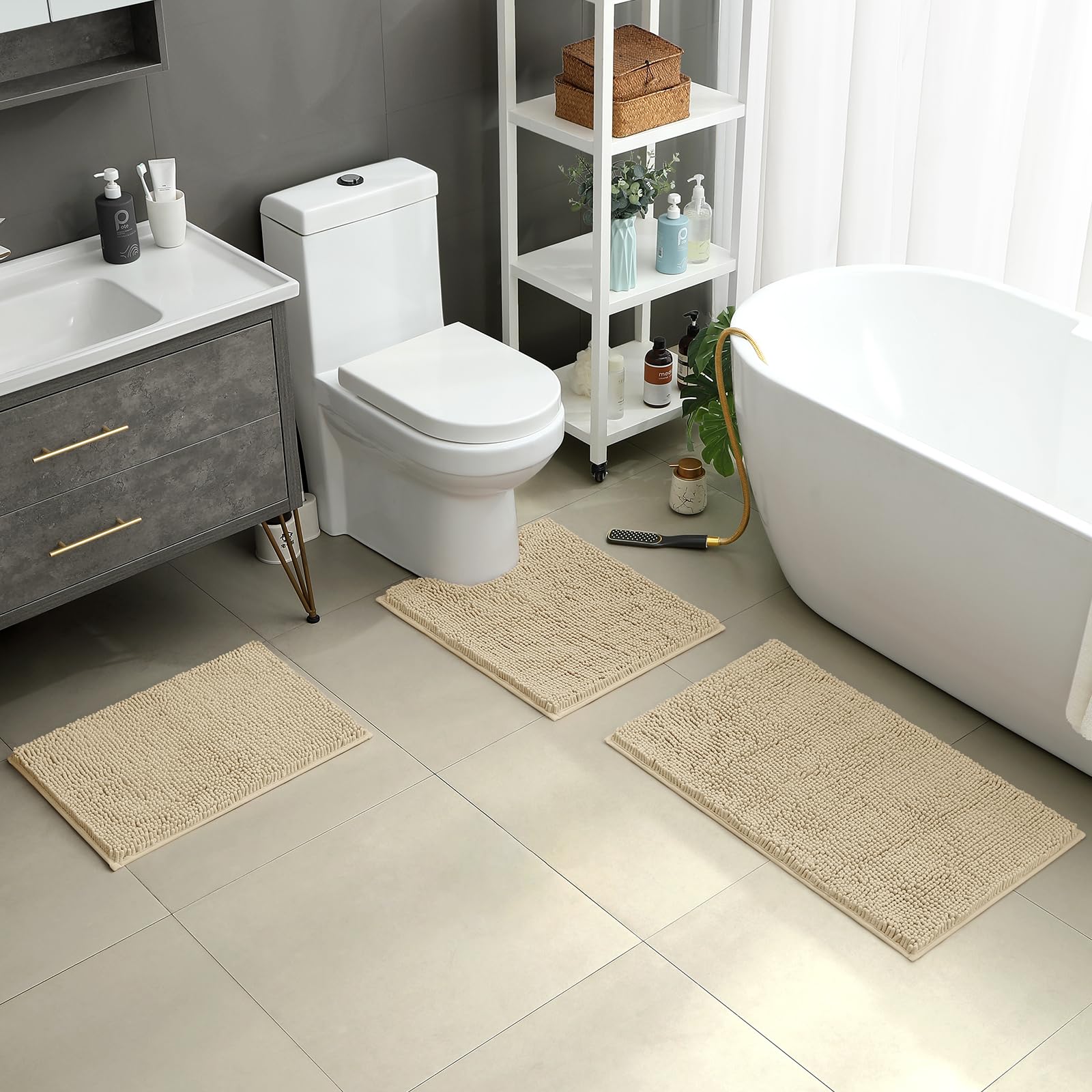 HOMEIDEAS U-Shape Contoured Rug fits toilets and keeps feet dry with non-slip backing.