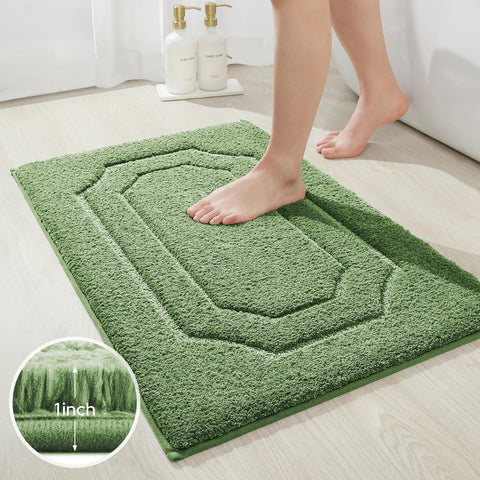 HOMEIDEAS sage-green rug styled in bathroom for cozy decor
